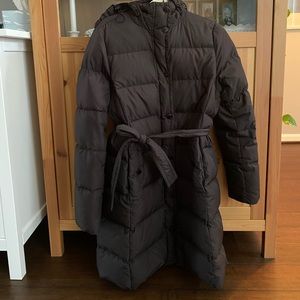 J. Crew mid thigh black puffer coat with belt